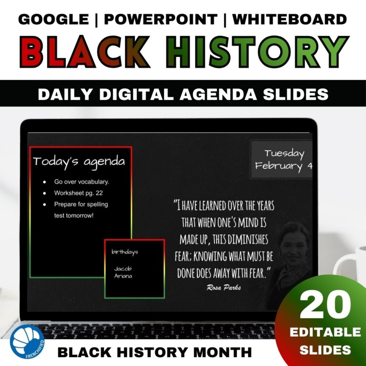 Black History Month daily slides for Google Drive/Powerpoint 20 editable slides