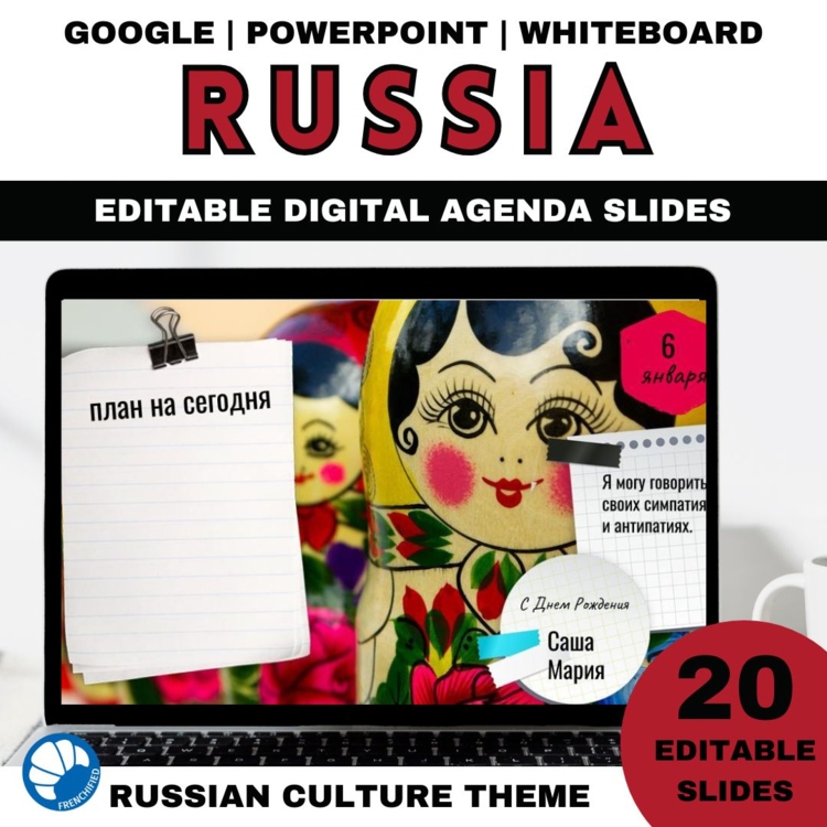 Google slides daily agenda template editable Russian culture theme 20 slides
