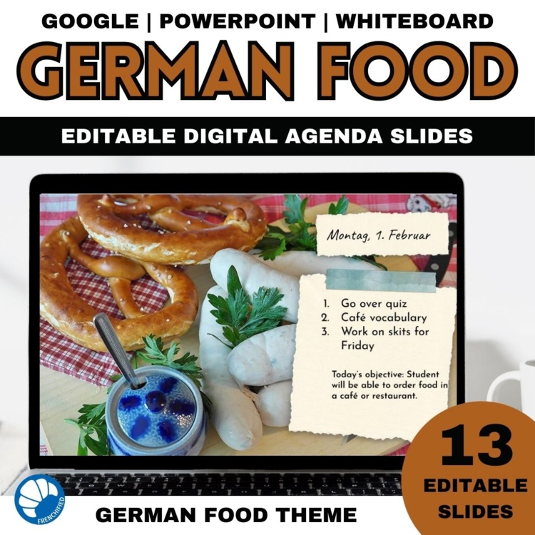 Google slides daily agenda template editable German food theme 13 slides