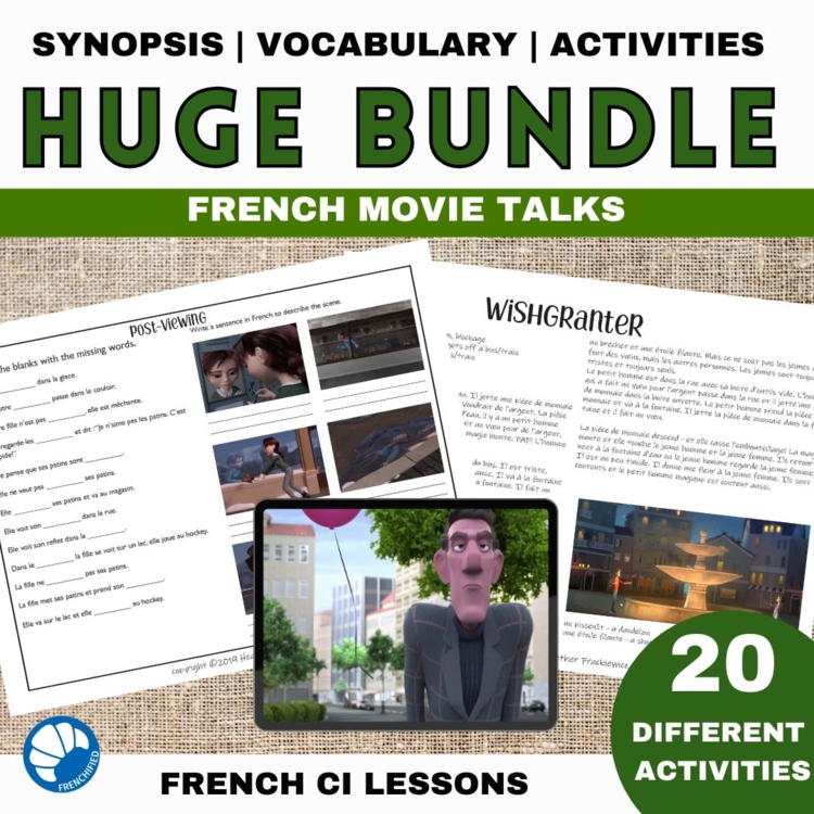 20 French Movie Talk Listening activities and worksheets clip chat bundle