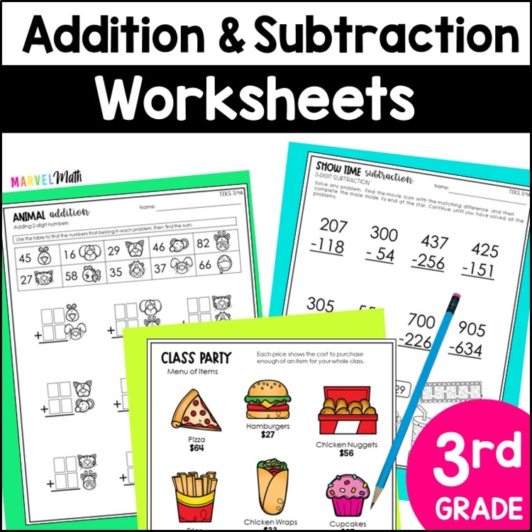 3rd Grade Addition and Subtraction Worksheets TEKS 3.4A 3.4B 3.4C 3.5A