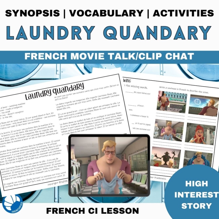 French Movie Talk Listening Activity - Superhero Comprehensible Input Laundry