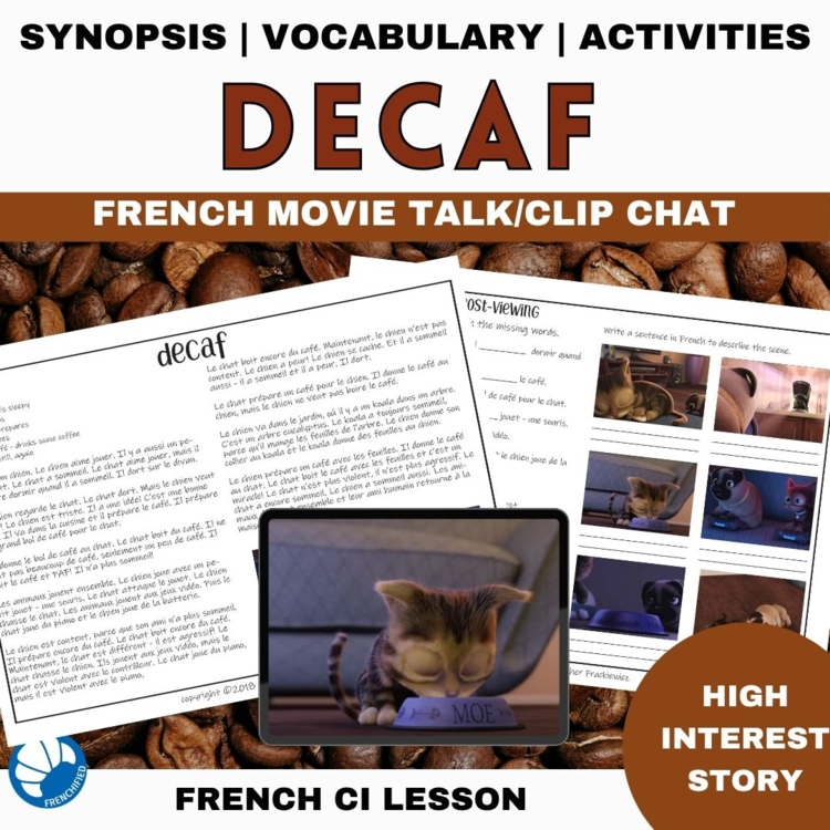 French listening comprehension activity movie talk & questions Decaf