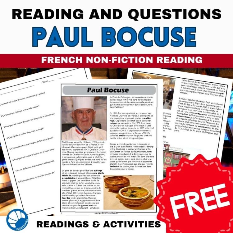 Paul Bocuse Intermediate French reading Compréhension de Lecture and activities