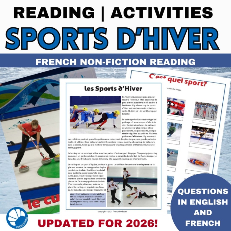 Les sports d'hiver French Winter sports reading comprehension activities