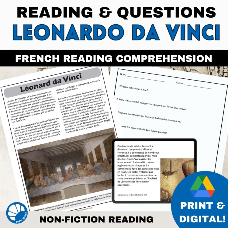French reading comprehension activity and questions Leonardo Da Vinci