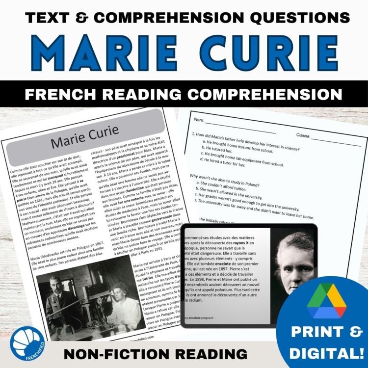 Marie Curie biography French reading comprehension activity and questions