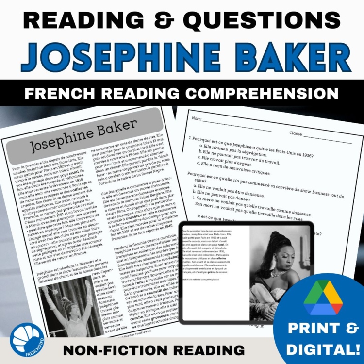 Josephine Baker French Reading Comprehension | Biography Activity