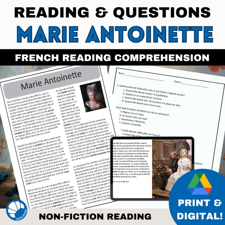 Core French reading comprehension activities and questions Marie Antoinette