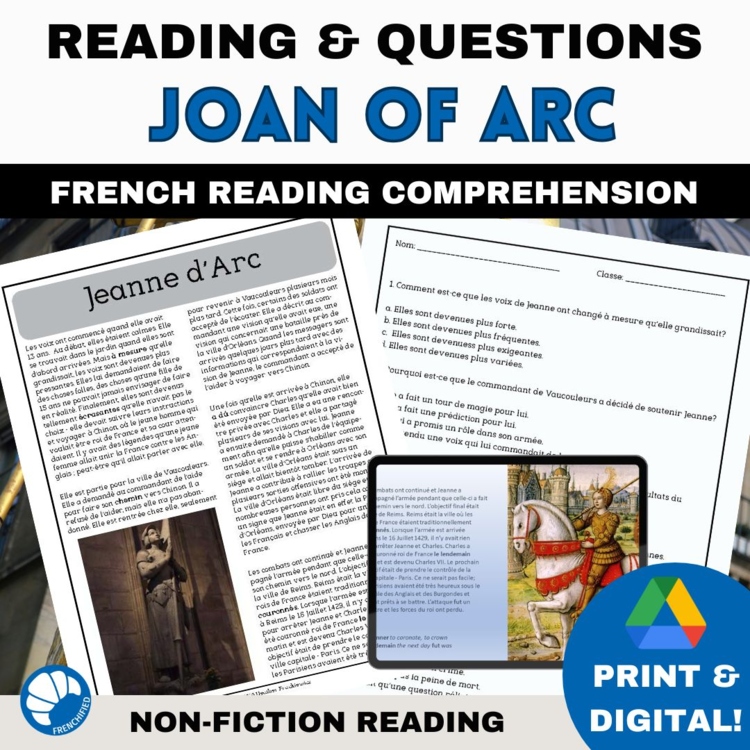 Intermediate French reading Comprehension activity with questions Joan of Arc