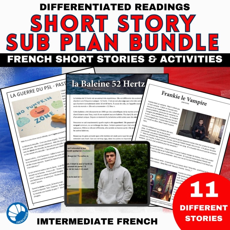 French reading comprehension activities Short Stories with questions sub plans