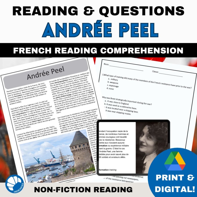 French Reading Comprehension Activity on Andrée Peel and WWII Resistance