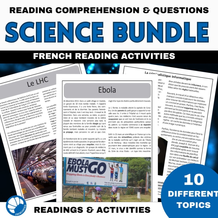 STEM in French science reading comprehension activities & questions bundle