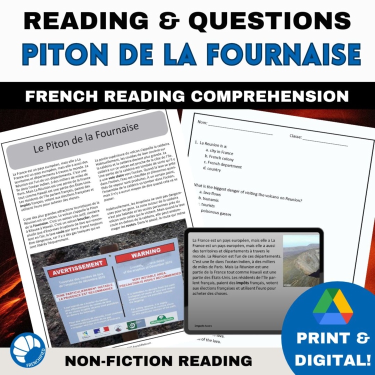 STEM in French reading Compréhension de Lecture Le Piton de la Fournaise volcano