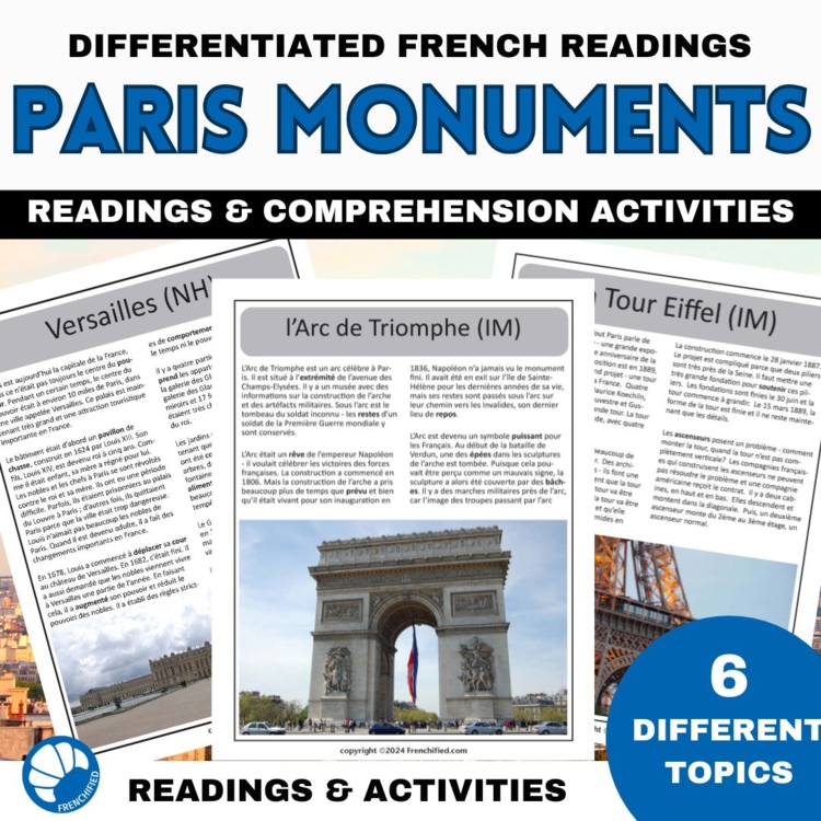 Intermediate French reading comprehension activities 6 Paris monuments/questions