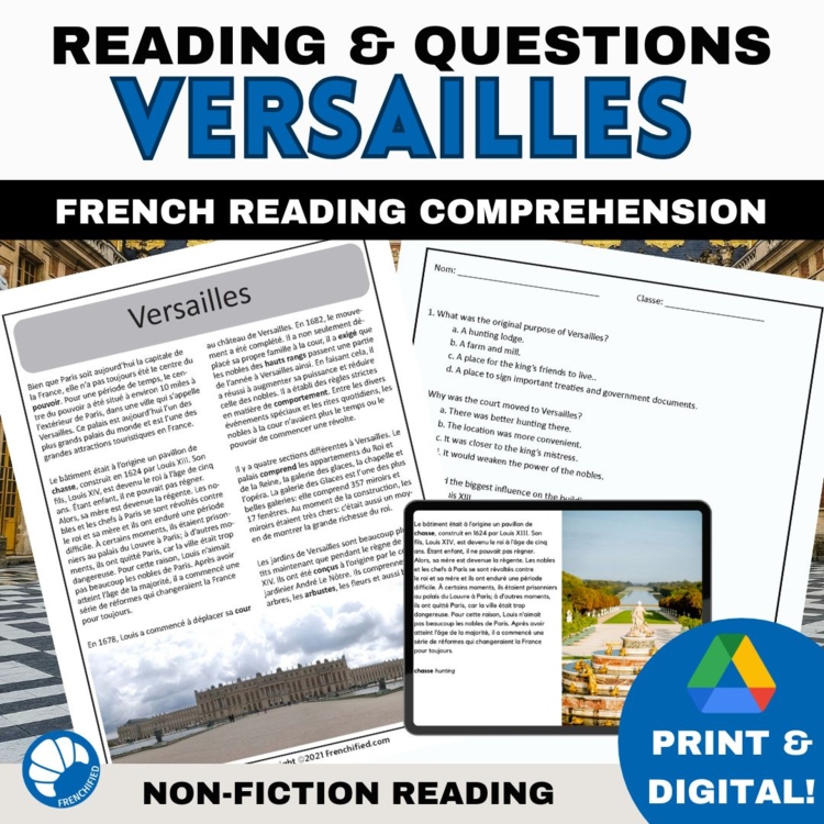 Versailles French Reading Passage and Comprehension Questions for Core French