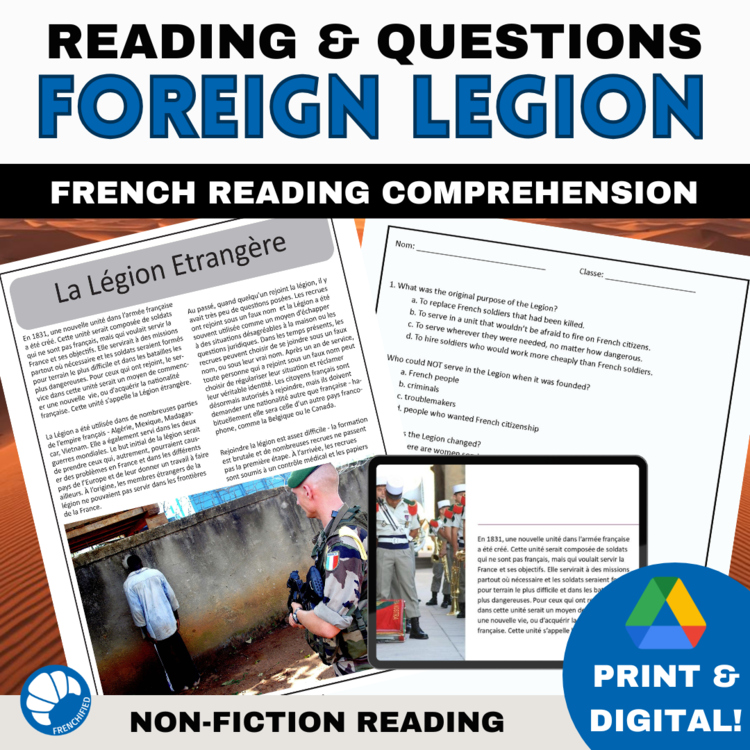 Core French Reading Comprehension Activity on the French Foreign Legion military