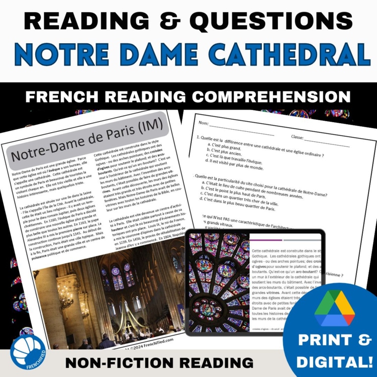 French Notre Dame Reading Passage Comprehension Paris Activity Sub Plans