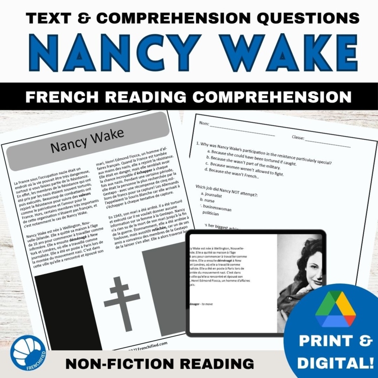 French Reading Comprehension Nancy Wake French Resistance World War II