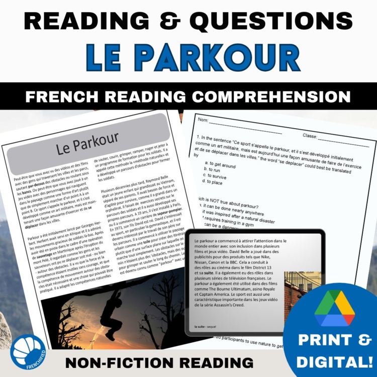 French reading comprehension activity and questions the sport of Parkour