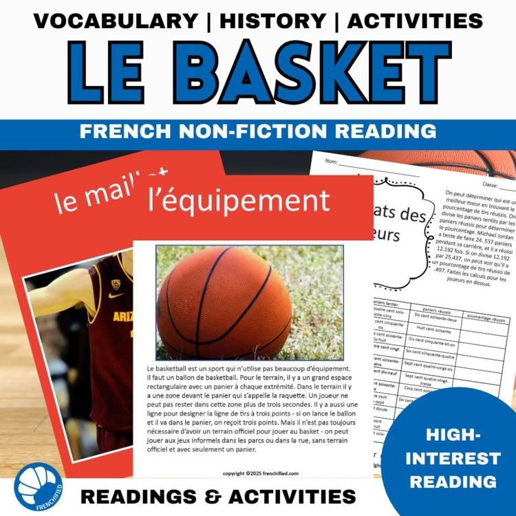 Basketball French sports reading comprehension & activity unit worksheets