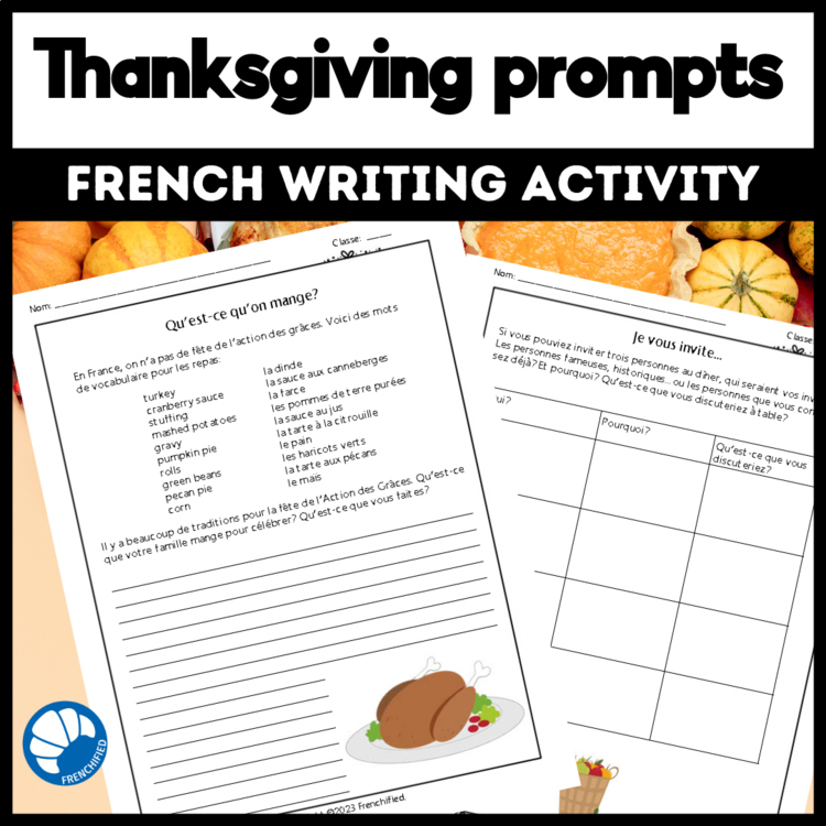 Action de Grace French writing prompts for Thanksgiving activity