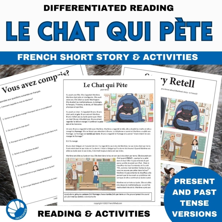 Beginning French reading Compréhension de Lecture short story Farting Cat