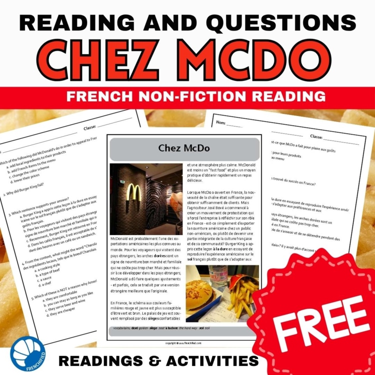 Intermediate French reading Compréhension activity Chez McDo fast food in France