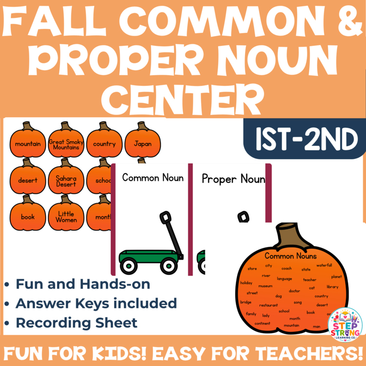 Common and Proper Nouns Centers | Fall Pumpkin Noun Sort| Parts of Speech
