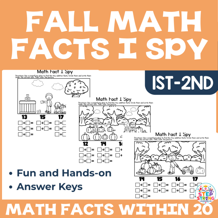 Fall Addition Facts to 20 | Hidden Math Facts I Spy | Fall Math Centers