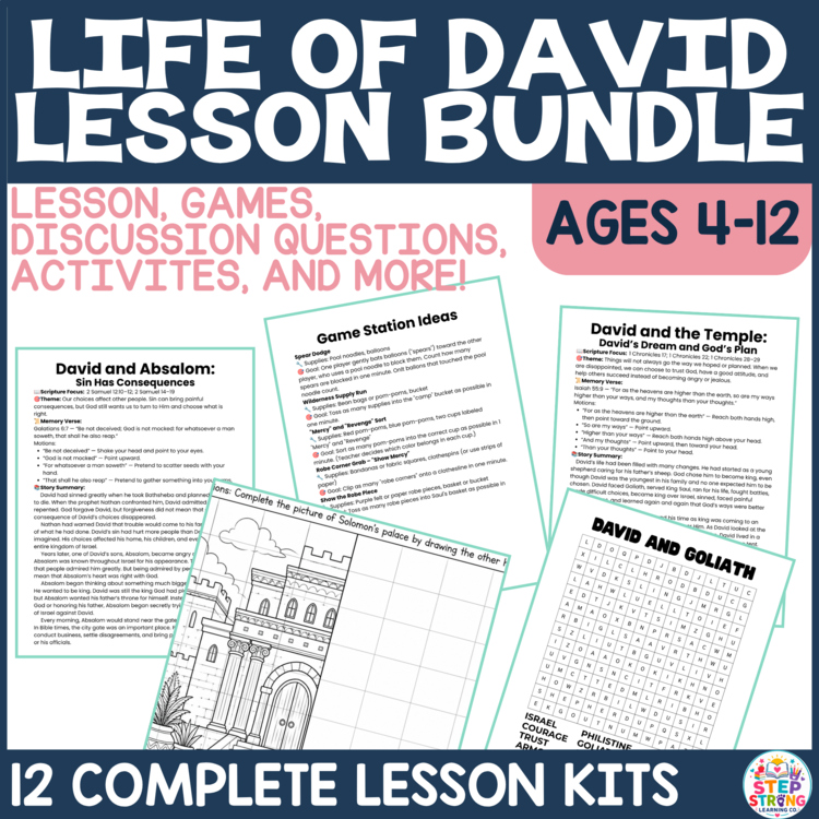 Life of David Bible Lesson and Activities Bundle| 12 Complete Lesson Kits