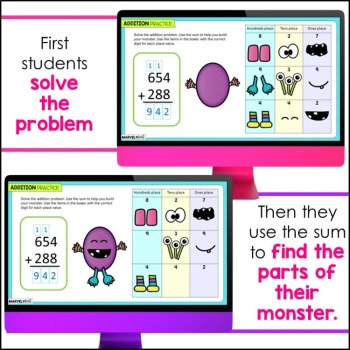 3 Digit Addition with Regrouping #5 - Google Slides - Build a Monster, image 4