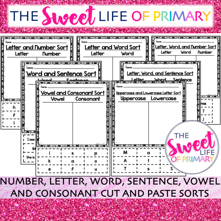 Number, Letter, Word, Sentence, Vowel, and Consonant Sort