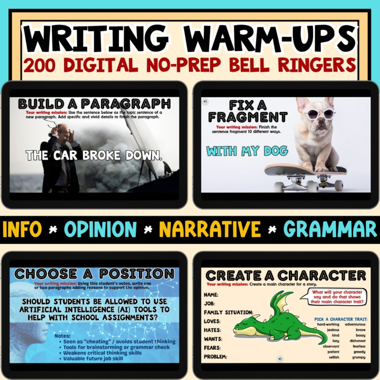 Writing Warm-Ups Bundle: 200 Bell Ringers for Info, Opinion, Narrative & Grammar