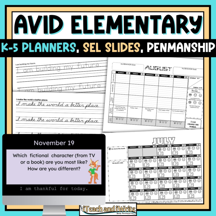 Elementary Student AVID Planner Bundle, Daily SEL Slides, Penmanship Pages