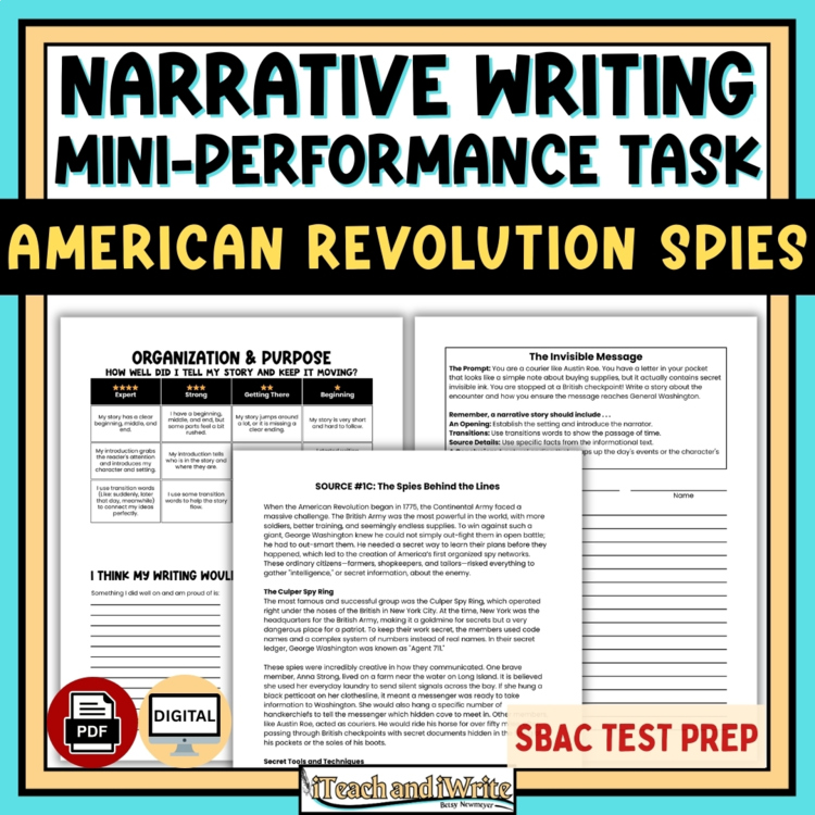 American Revolution Spies Narrative Writing Performance Task ELA SBAC Test Prep