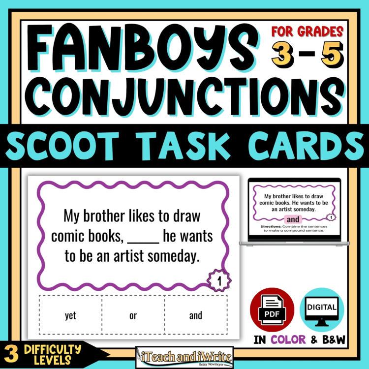 FANBOYS Compound Sentences Scoot Activity Task Cards for 3rd-5th Grammar Lessons