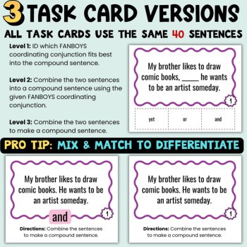 FANBOYS Compound Sentences Scoot Activity Task Cards for 3rd-5th Grammar Lessons, image 2