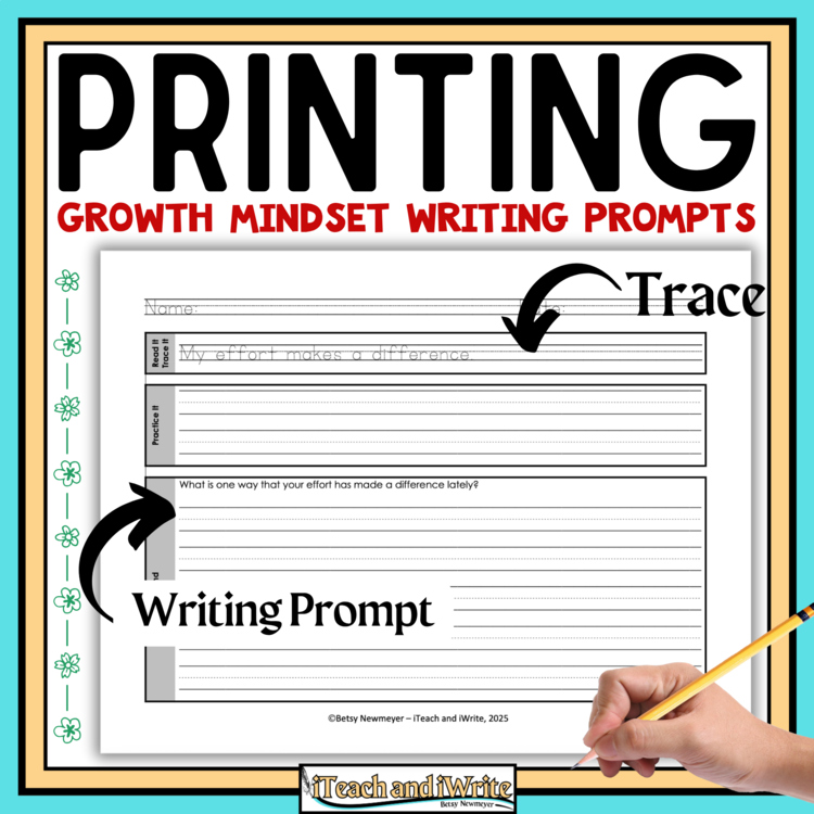 Growth Mindset Printing Penmanship Handwriting Worksheets with Writing Prompts