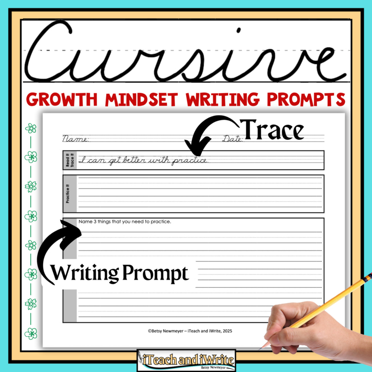 Cursive Growth Mindset SEL Penmanship Practice Handwriting with Writing Prompts