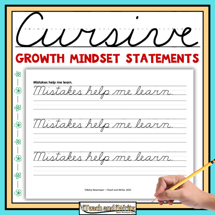 Cursive Penmanship SEL Growth Mindset Handwriting Practice Worksheets