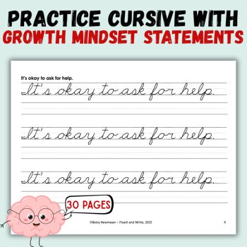 Cursive Penmanship SEL Growth Mindset Handwriting Practice Worksheets, image 2