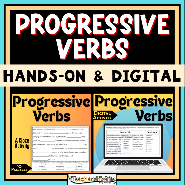 Progressive Tense Verbs Cloze Reading Activity Bundle Hands-On & Digital