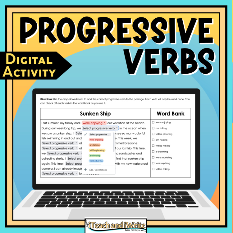 Progressive Tense Verbs Digital Cloze Reading Passages for 4th Grade Grammar