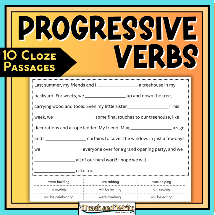 Progressive Tense Verbs Cloze Reading Passages for 4th Grade Grammar Test Prep