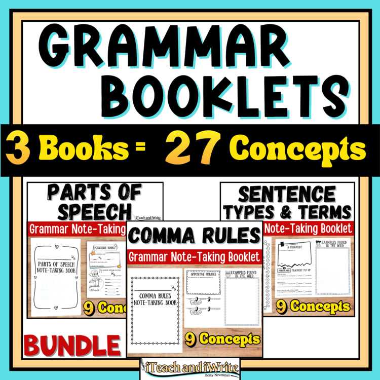 Grammar Note-Taking Booklet Bundle: Parts of Speech, Sentence Structures, Commas