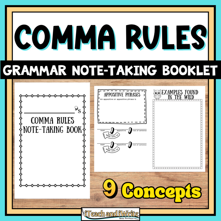 Comma Rules Notes Booklet, Print & Digital Graphic Organizer Worksheets for 3-6