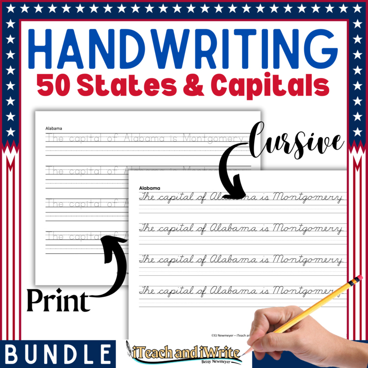 US States & Capitals Cursive Printing Penmanship Practice Handwriting Worksheets