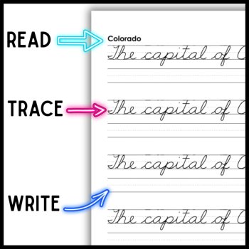 US States & Capitals Cursive Printing Penmanship Practice Handwriting Worksheets, image 2