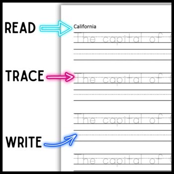 US States & Capitals Cursive Printing Penmanship Practice Handwriting Worksheets, image 3